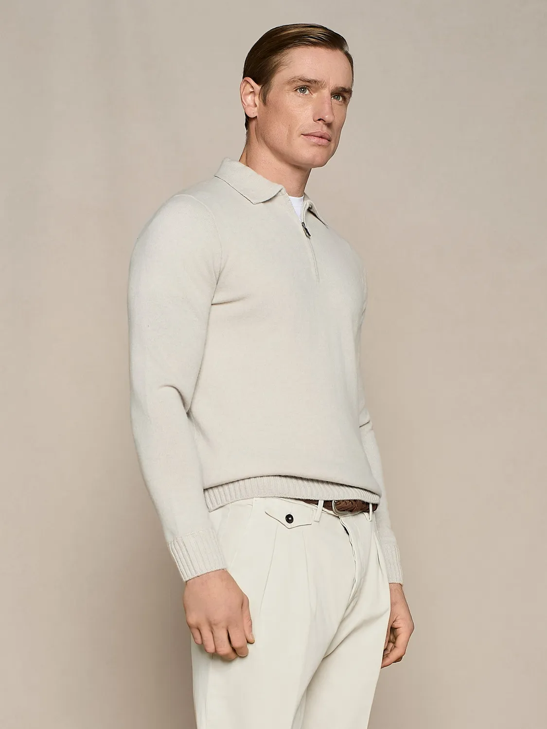 Paul Taylor polo mezza zip misto cashmere burro manica lunga
