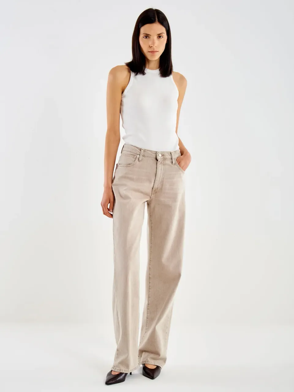 Vicolo Nina jeans straight beige vita media elasticizzato