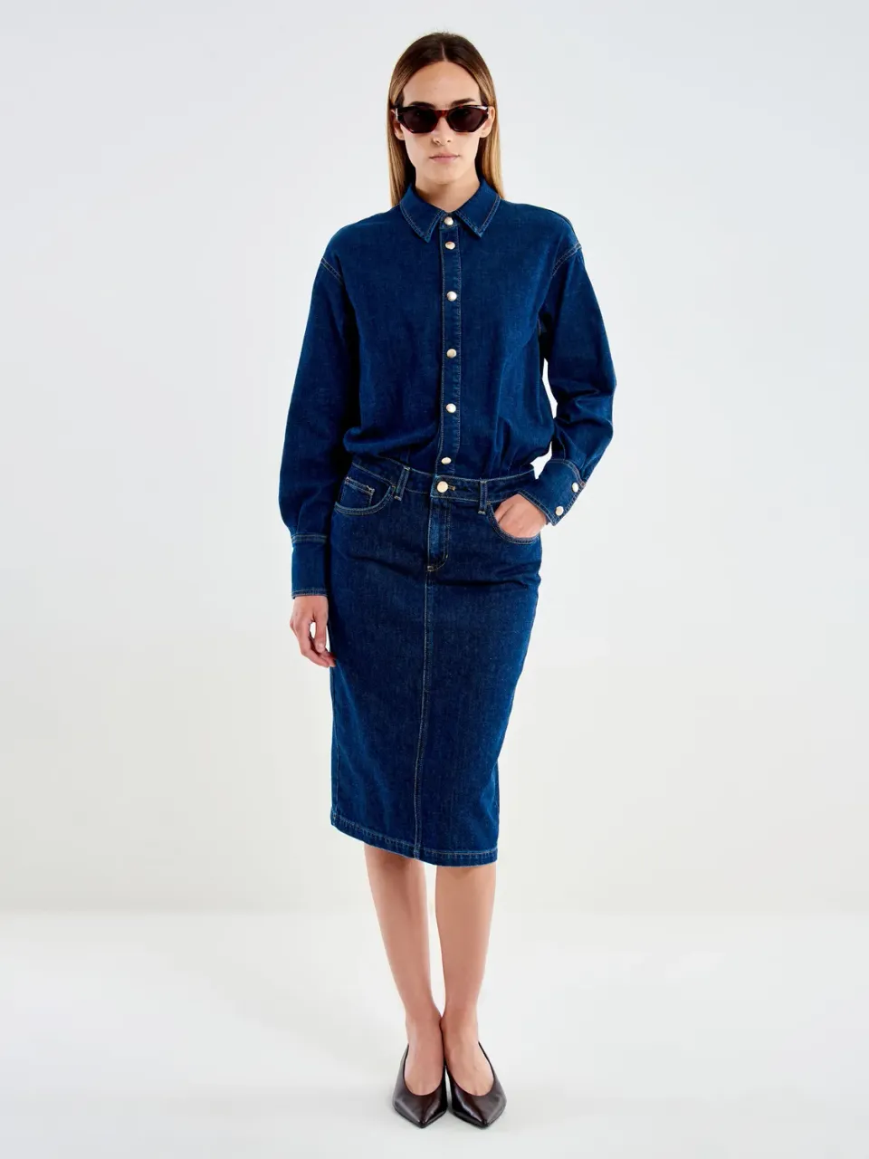 Vicolo abito longuette denim blu elasticizzato con spacco