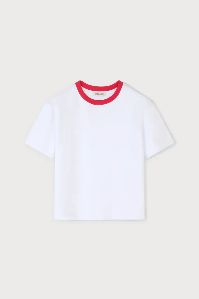 PORTS PW126KKC51 t-shirt bianca collo rosa optic white