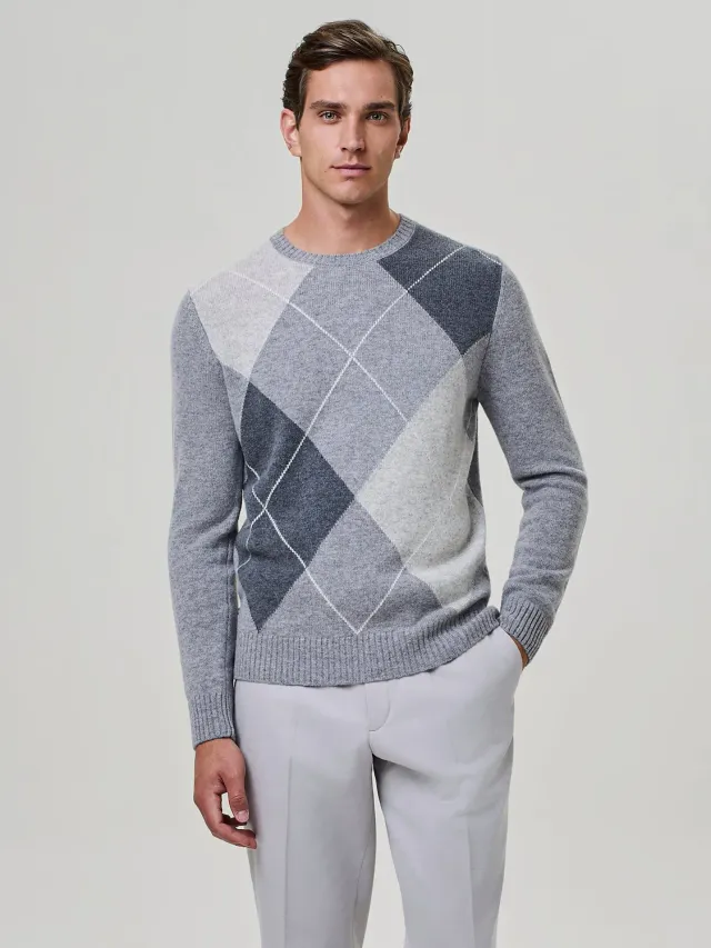 Paul Taylor Girocollo Misto Cashmere Rombi Maglia Grigio Medio