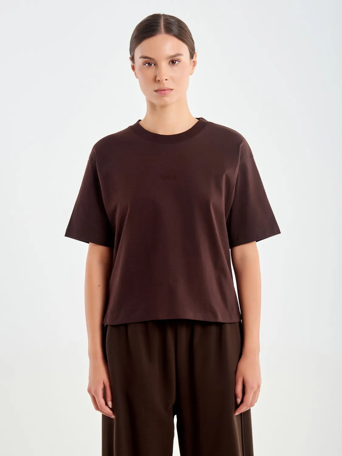 Vicolo T-Shirt Fondente Cropped con Ricamo t-shirt cotone