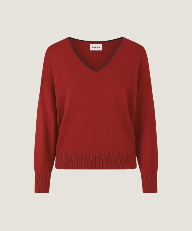 Rodier Maglione Scollo a V Maglia Fine Brique Ampio