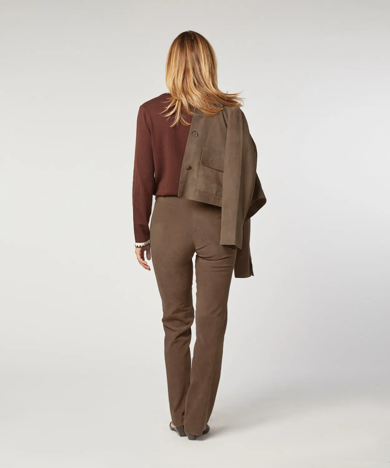 Rodier Pantaloni Dritti Pelle Scamosciata Marrone