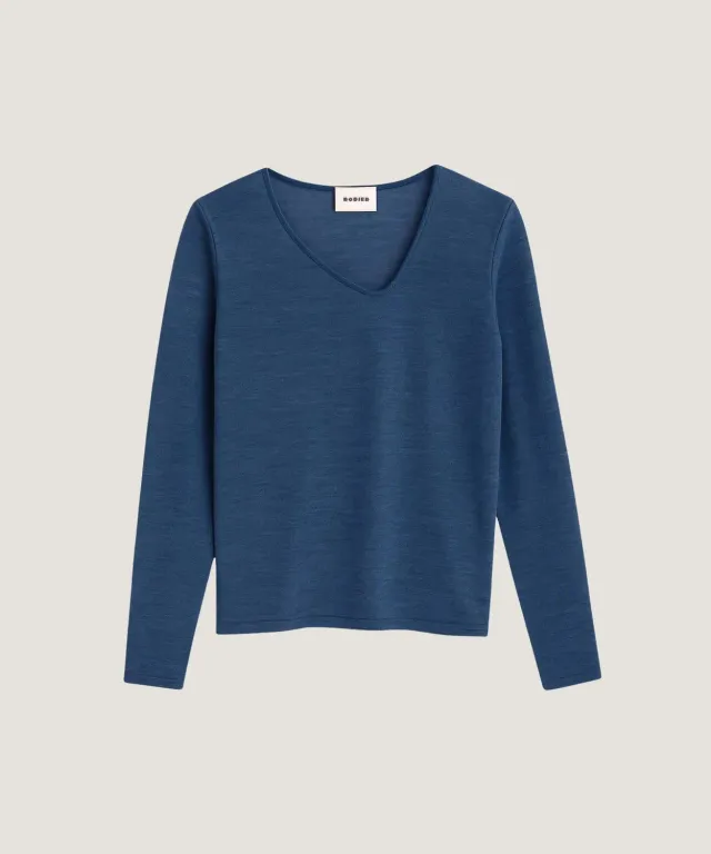 Rodier maglione scollo asimmetrico denim blu maglia fine