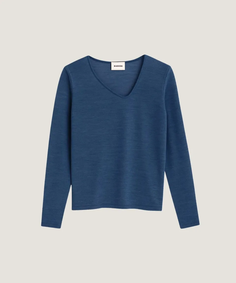 Rodier maglione scollo asimmetrico denim blu maglia fine