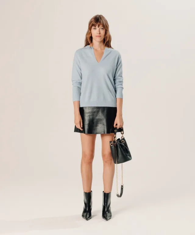 Rodier Maglione cashmere collo tunisino celeste S-XL