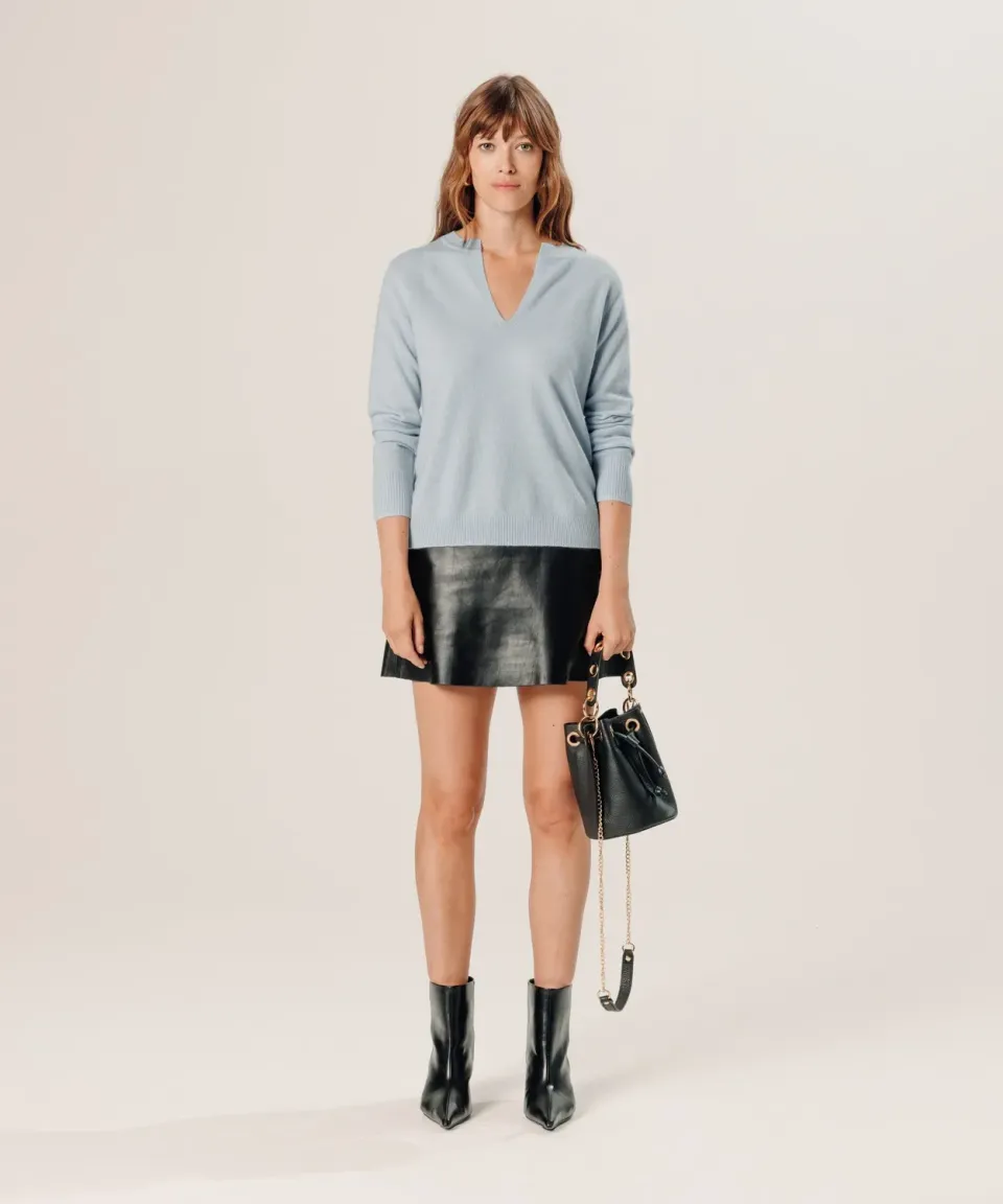 Rodier Maglione cashmere collo tunisino celeste S-XL
