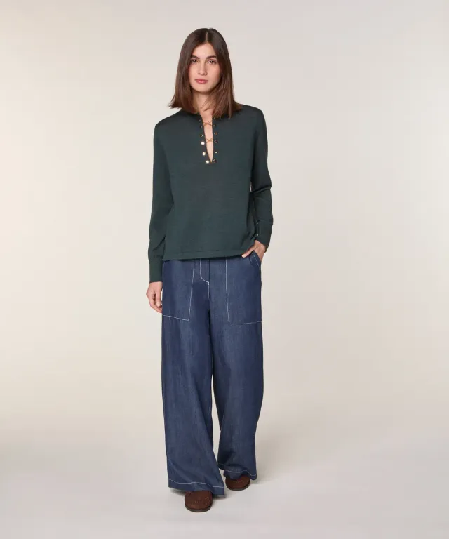 Rodier Maglione Tunisino Verde Grigio Lana Merino Oro