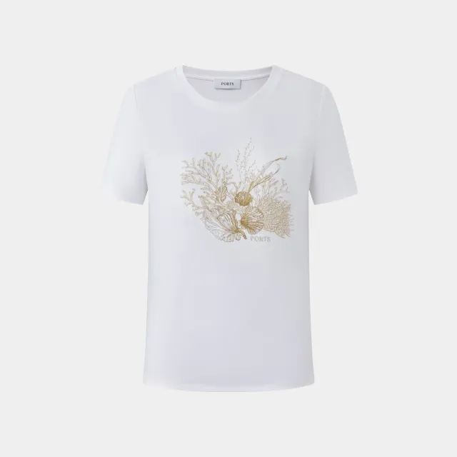PORTS Botanical Print t-shirt crema in cotone stampa