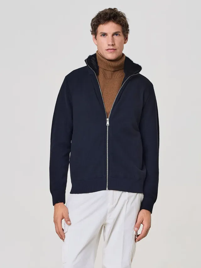 Paul Taylor Bomber Misto Lana Blu con Collo Pelliccia