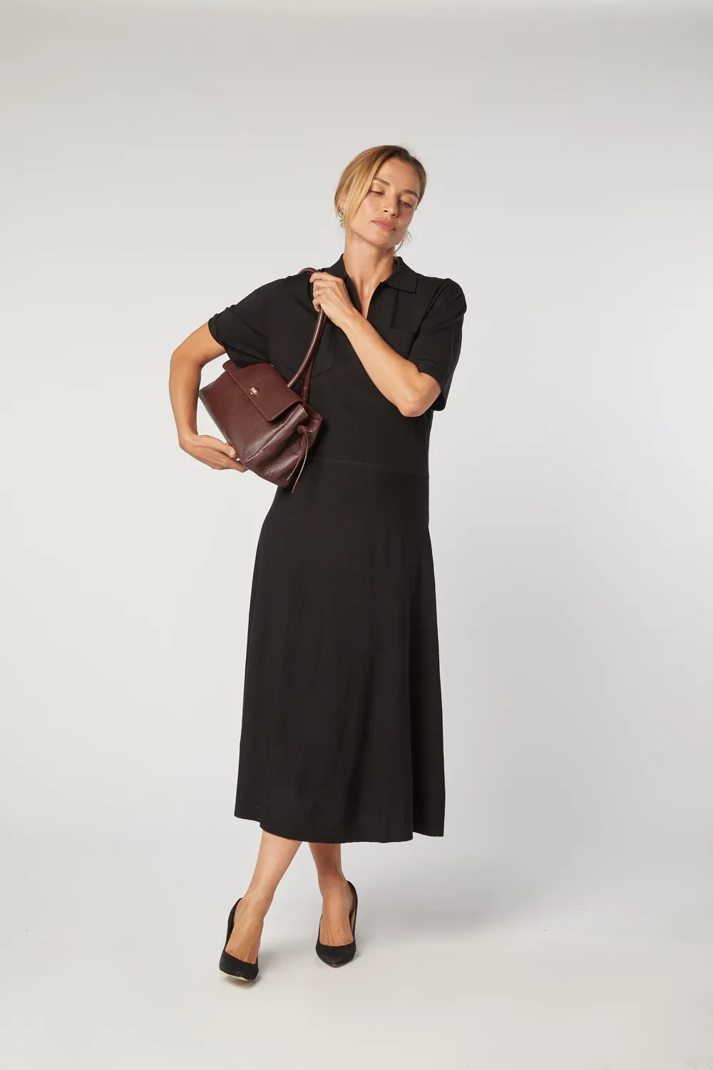 Rodier Abito Lungo Lana Merino Nero Collo Camicia