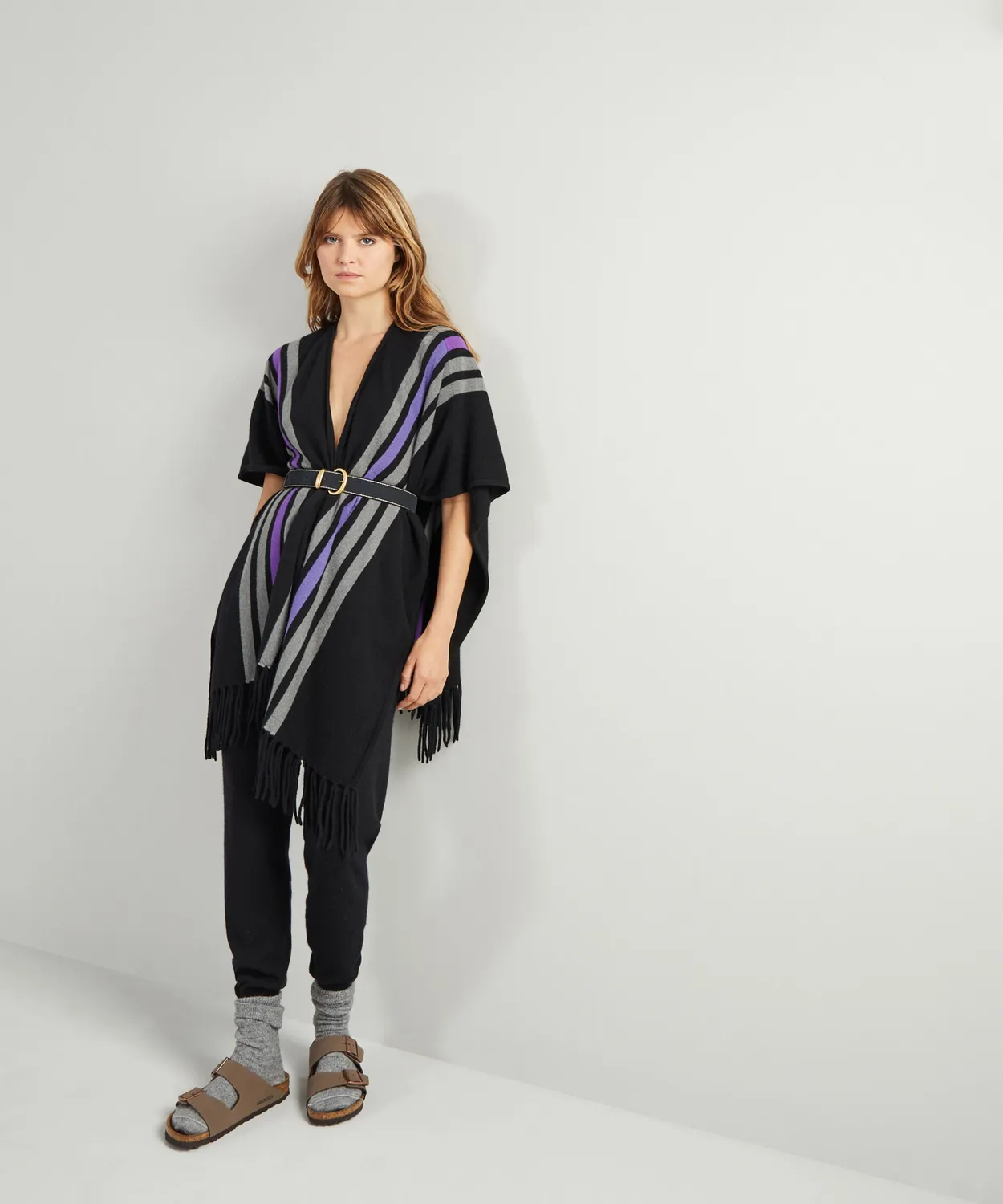 Rodier stola in cashmere 2 fili con frange nera