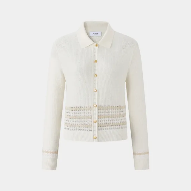 PORTS Patterned Knit Cardigan cardigan crema collo polo