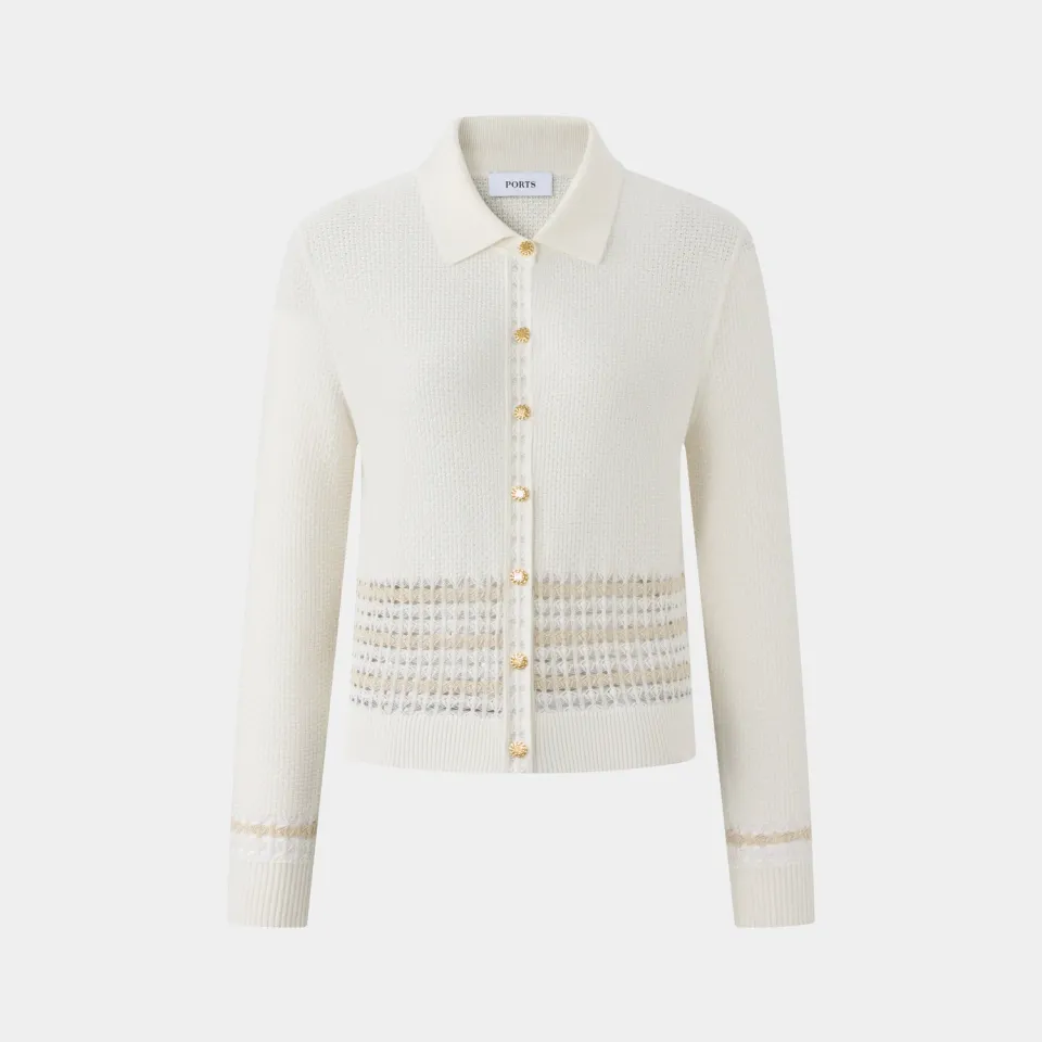 PORTS Patterned Knit Cardigan cardigan crema collo polo