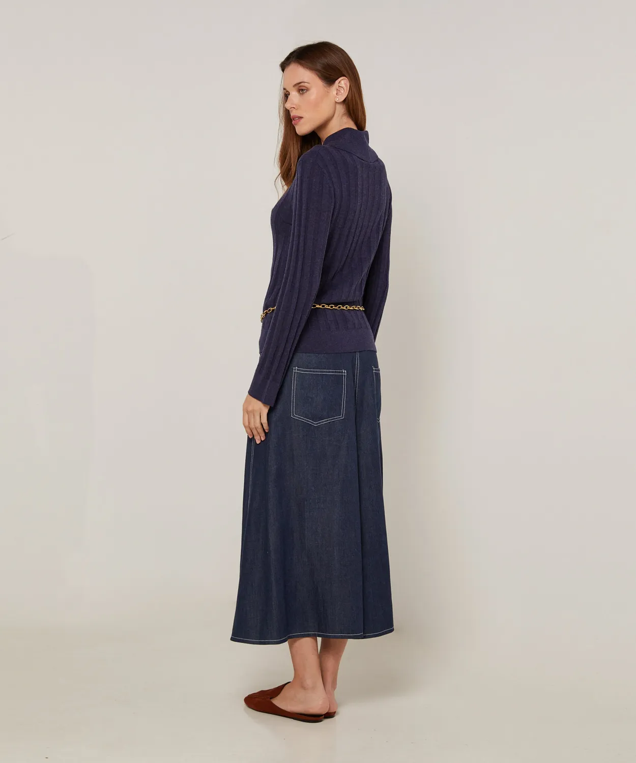 Rodier maglia coste polo blu denim aderente maniche lunghe