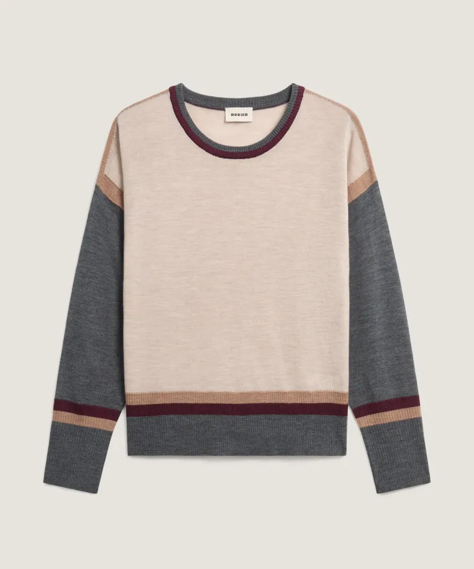 Rodier Maglia Girocollo Color Block Merino Bianco Ecru