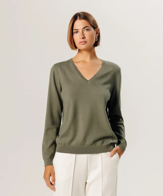 Rodier Maglione Scollo a V Merino Verde Oliva 38