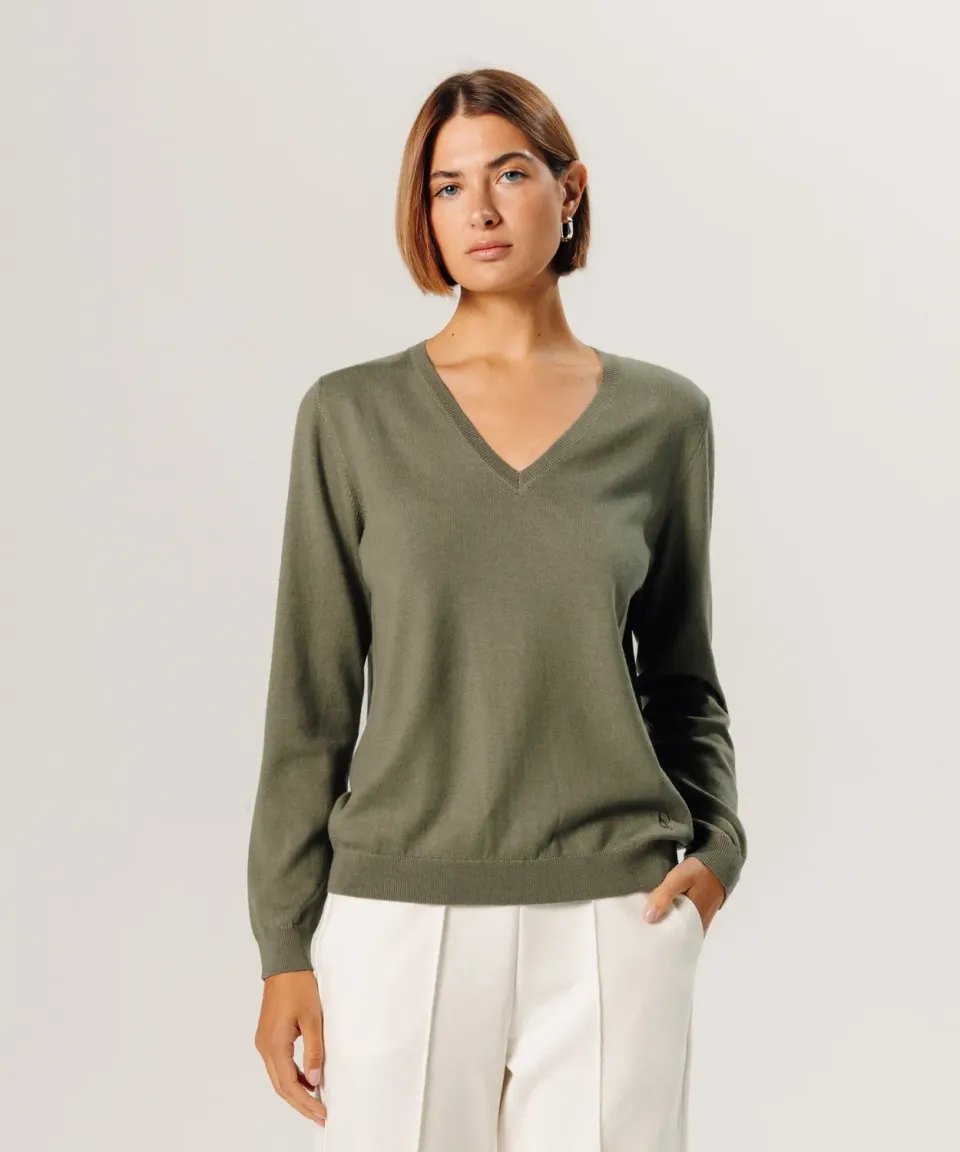 Rodier Maglione Scollo a V Merino Verde Oliva 38