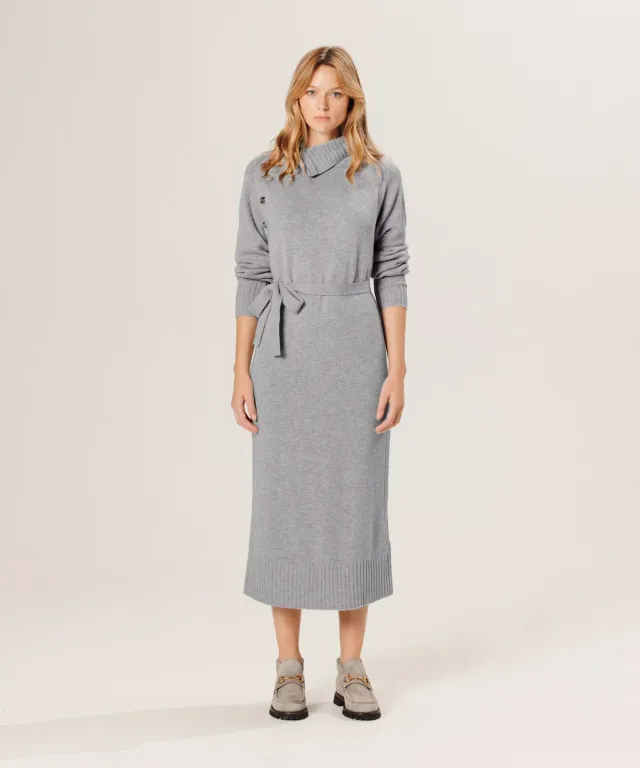 Rodier Abito lungo grigio collo alto lana merino