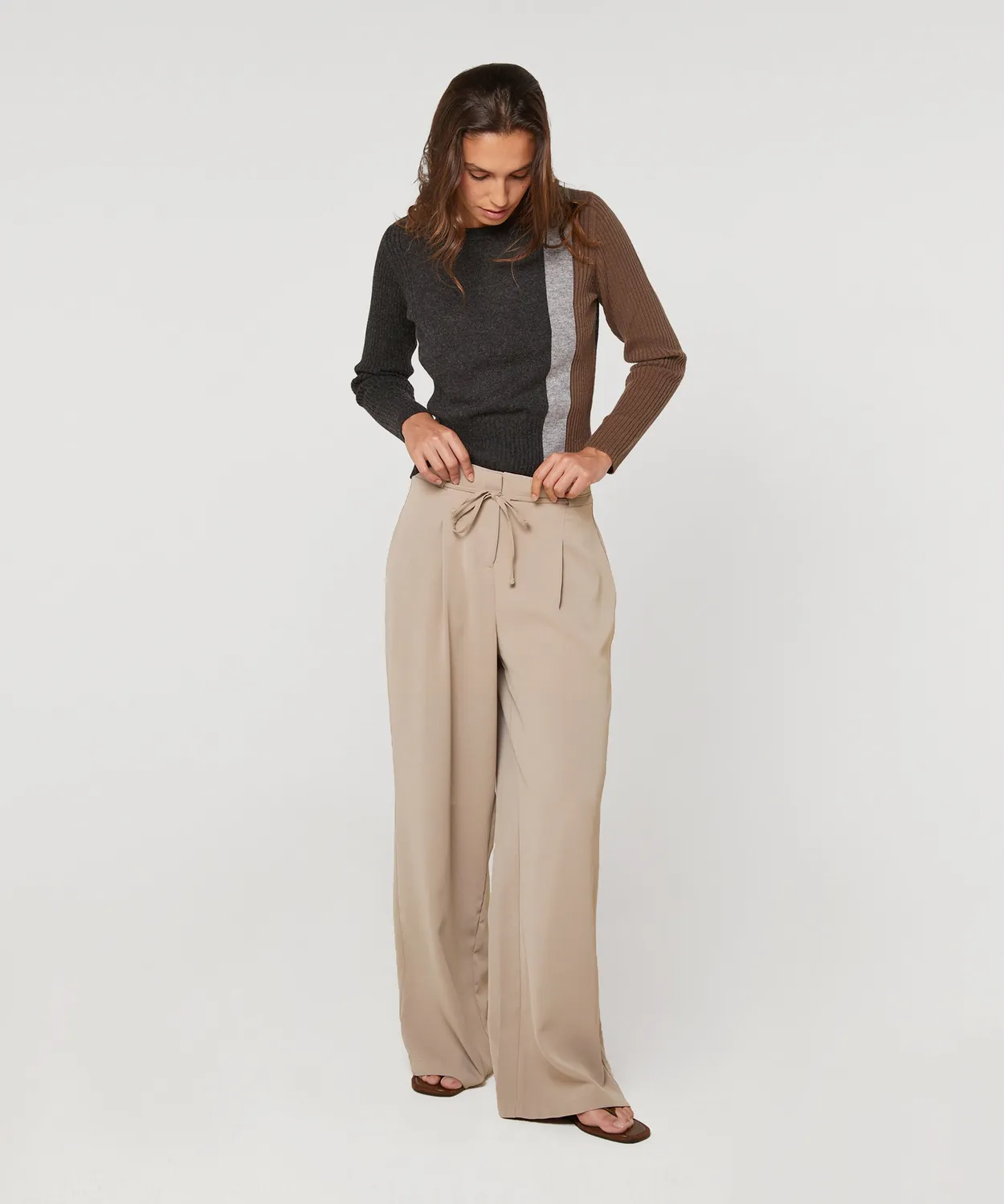 Rodier pantaloni larghi fluidi beige scuro gamba ampia