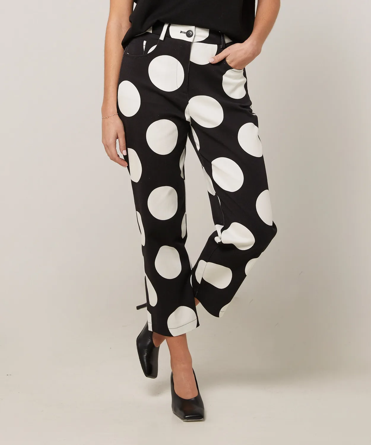 Rodier Pantalone Dritto Tela Pois Nero Cotone Elastic