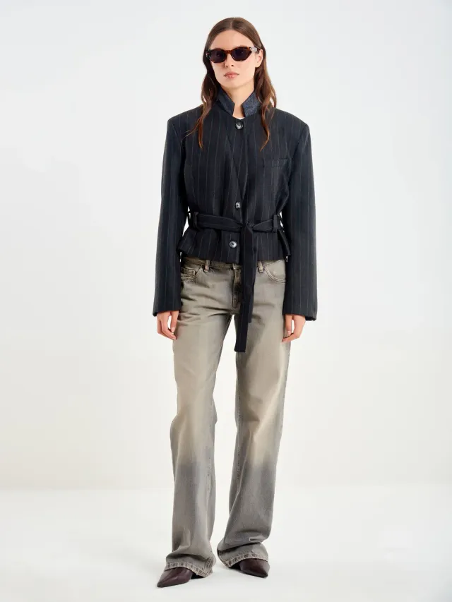 Vicolo Blazer Corto Cintura Blazer Gessato Grigio L