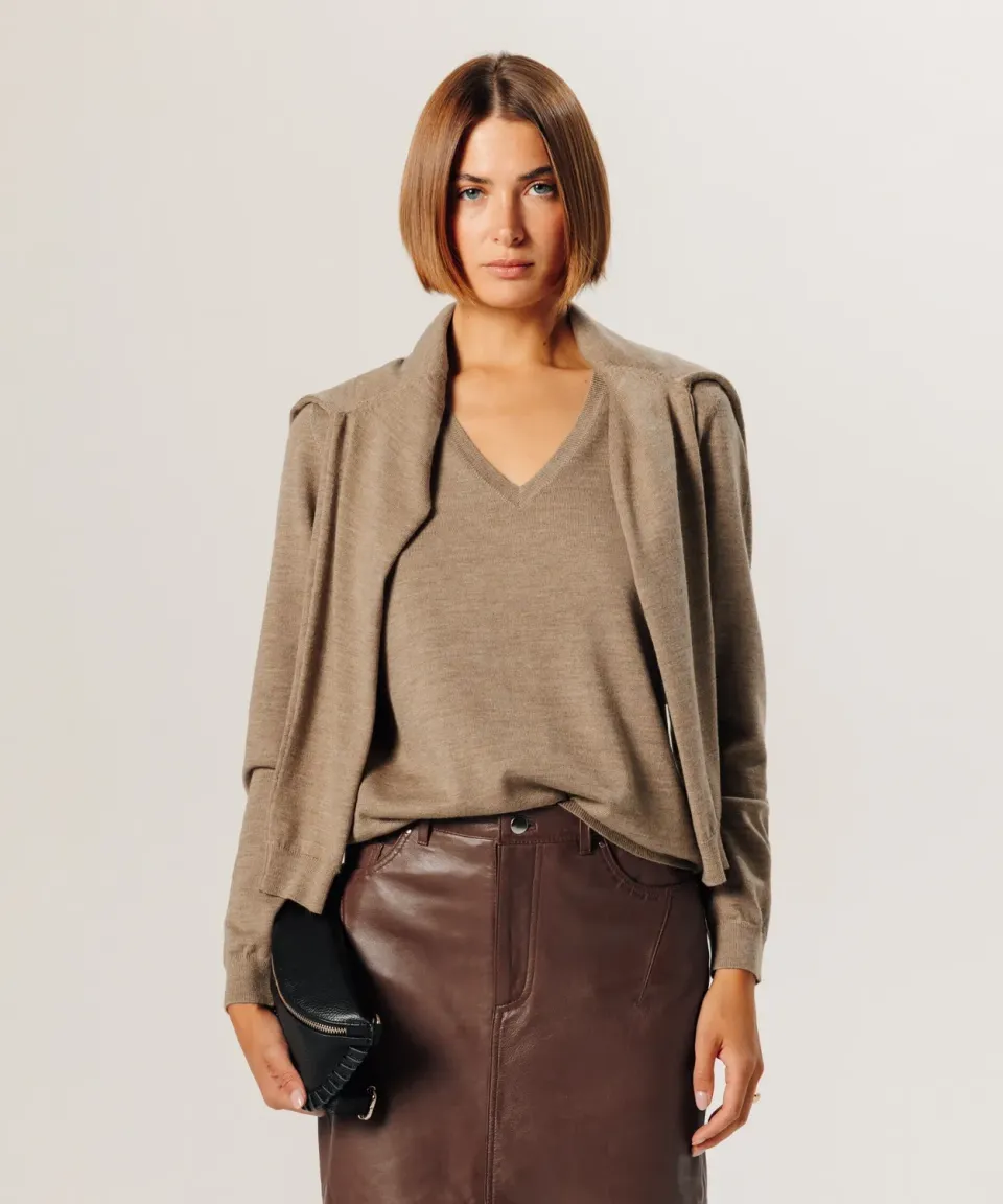 Rodier maglione scollo V lana merino beige calda