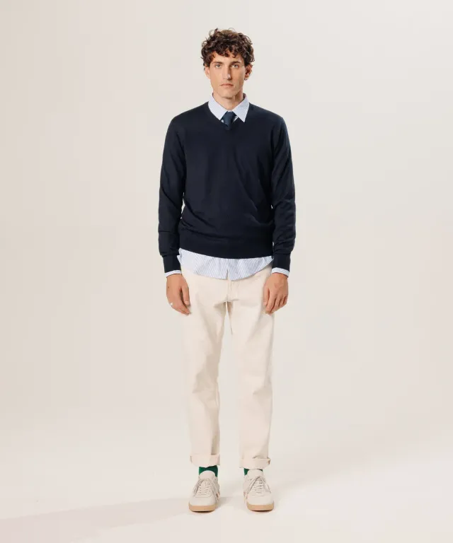 Rodier Maglione Scollo V Lana Merino Uomo Blu Notte