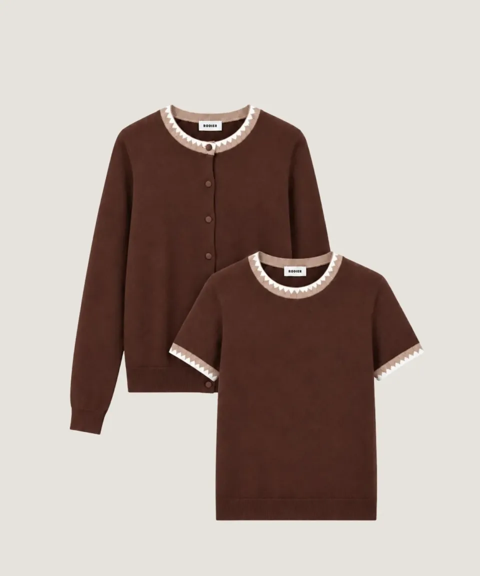 Rodier twin-set in cotone marrone top e cardigan