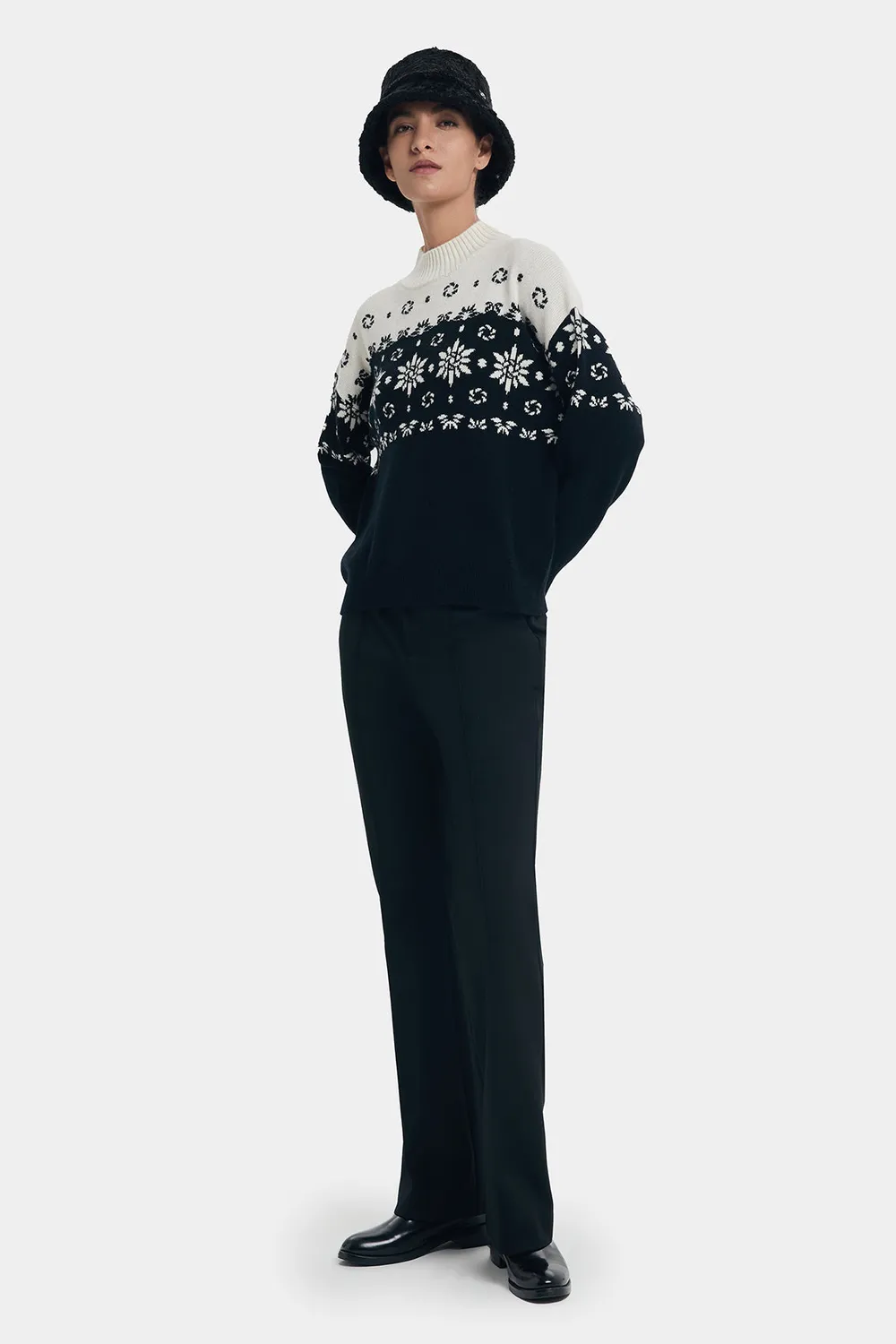 PORTS Top maglia collo alto fantasia neve lana