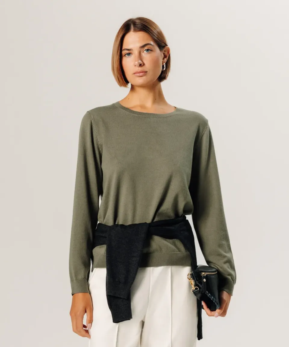 Rodier maglione merino girocollo verde oliva dritto
