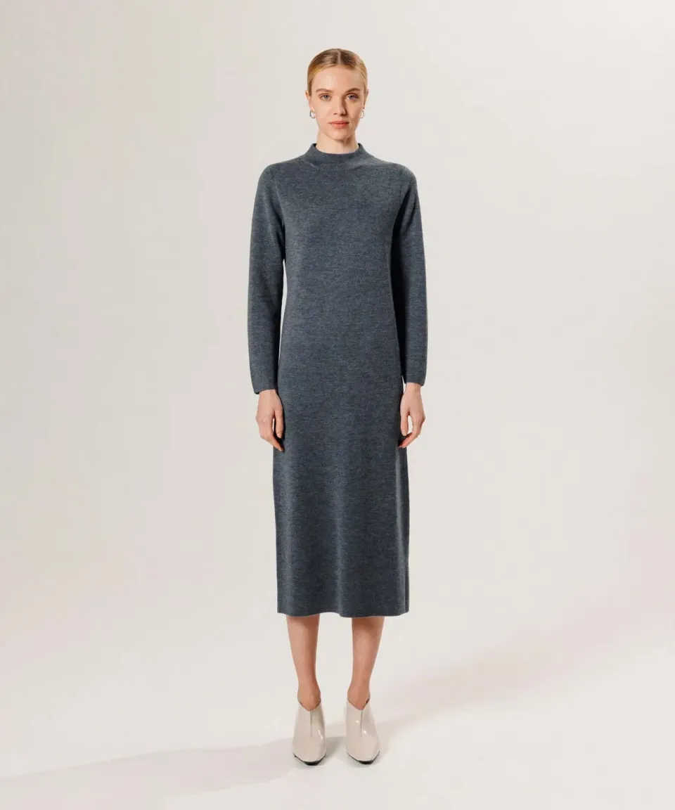 Rodier abito Milano lana merino grigio piombo collo alto