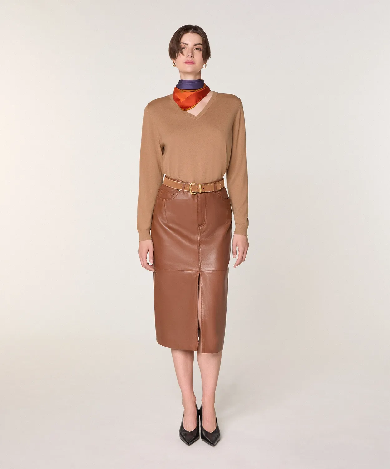Rodier maglione scollo V merino donna marrone cammello