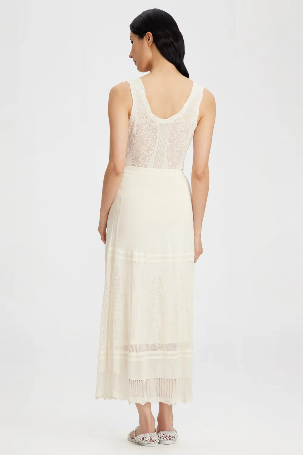 Ports Tiered Knit Skirt gonna maxi crema traforata