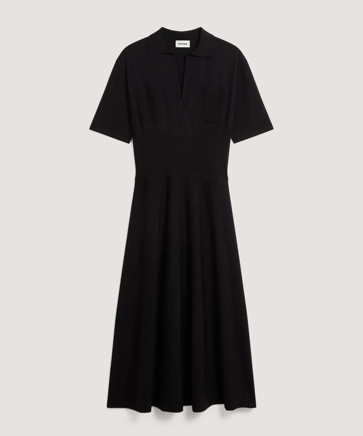 Rodier Abito Lungo Lana Merino Nero Collo Camicia