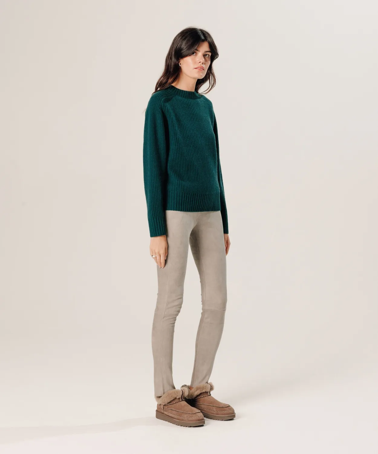 Rodier Maglione Girocollo Coste Cashmere Verde Anatra