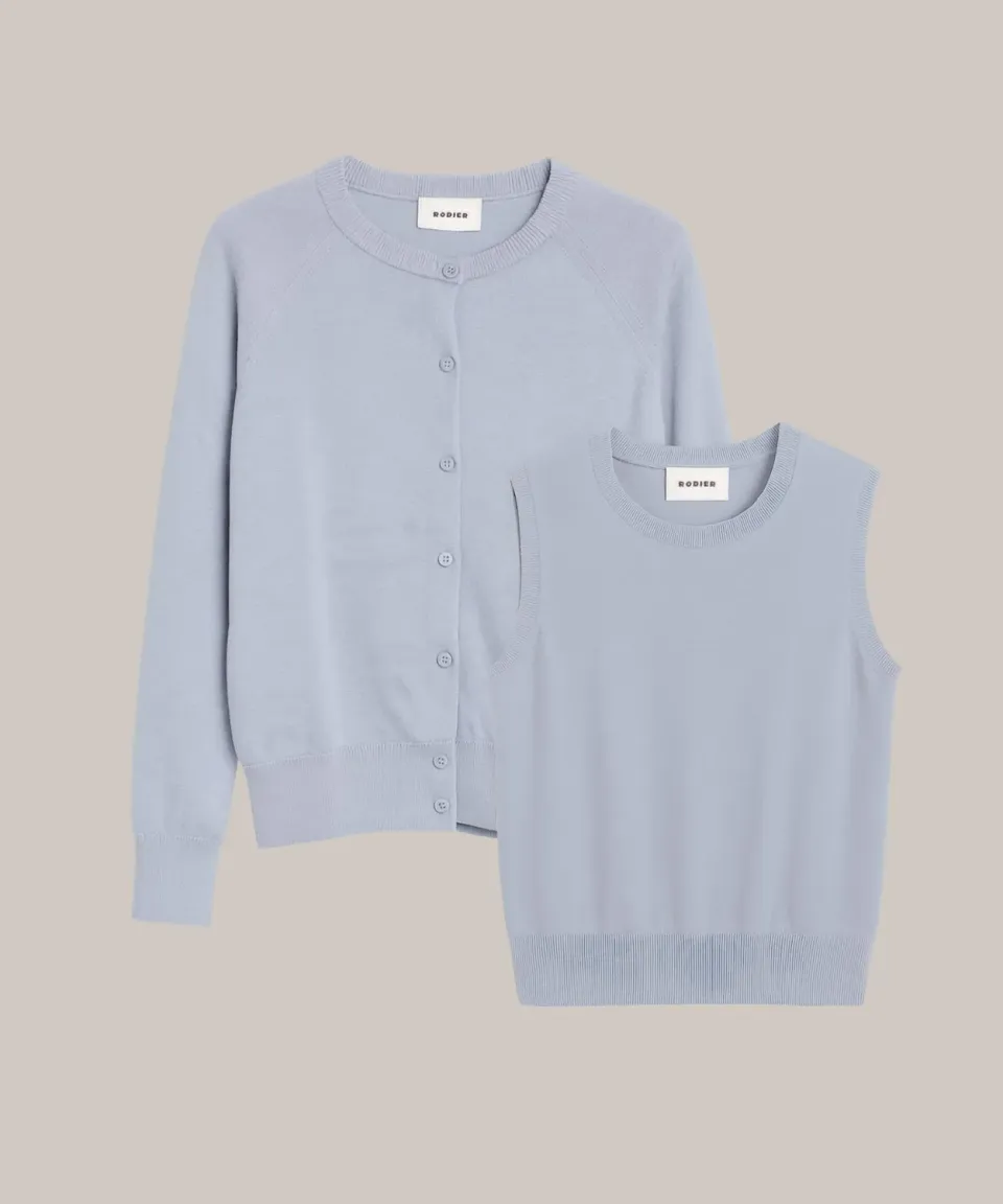 Rodier twin set girocollo seta donna celeste