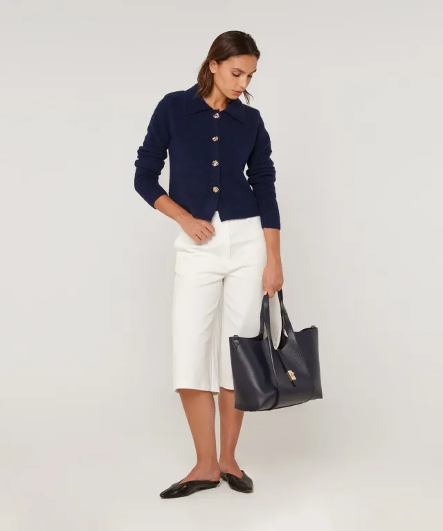 Rodier Cardigan Corto Spalline Blu Marino Bottoni Oro