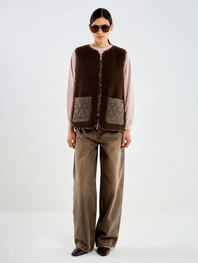 Vicolo Gilet Teddy Fondente Check Senza Maniche Taglia S