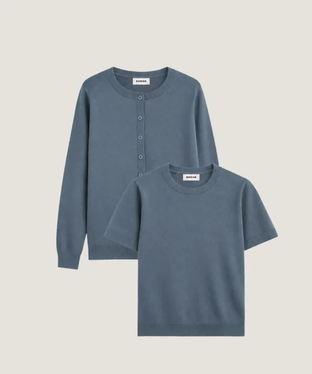 Rodier twin set lana merino blu grigio girocollo