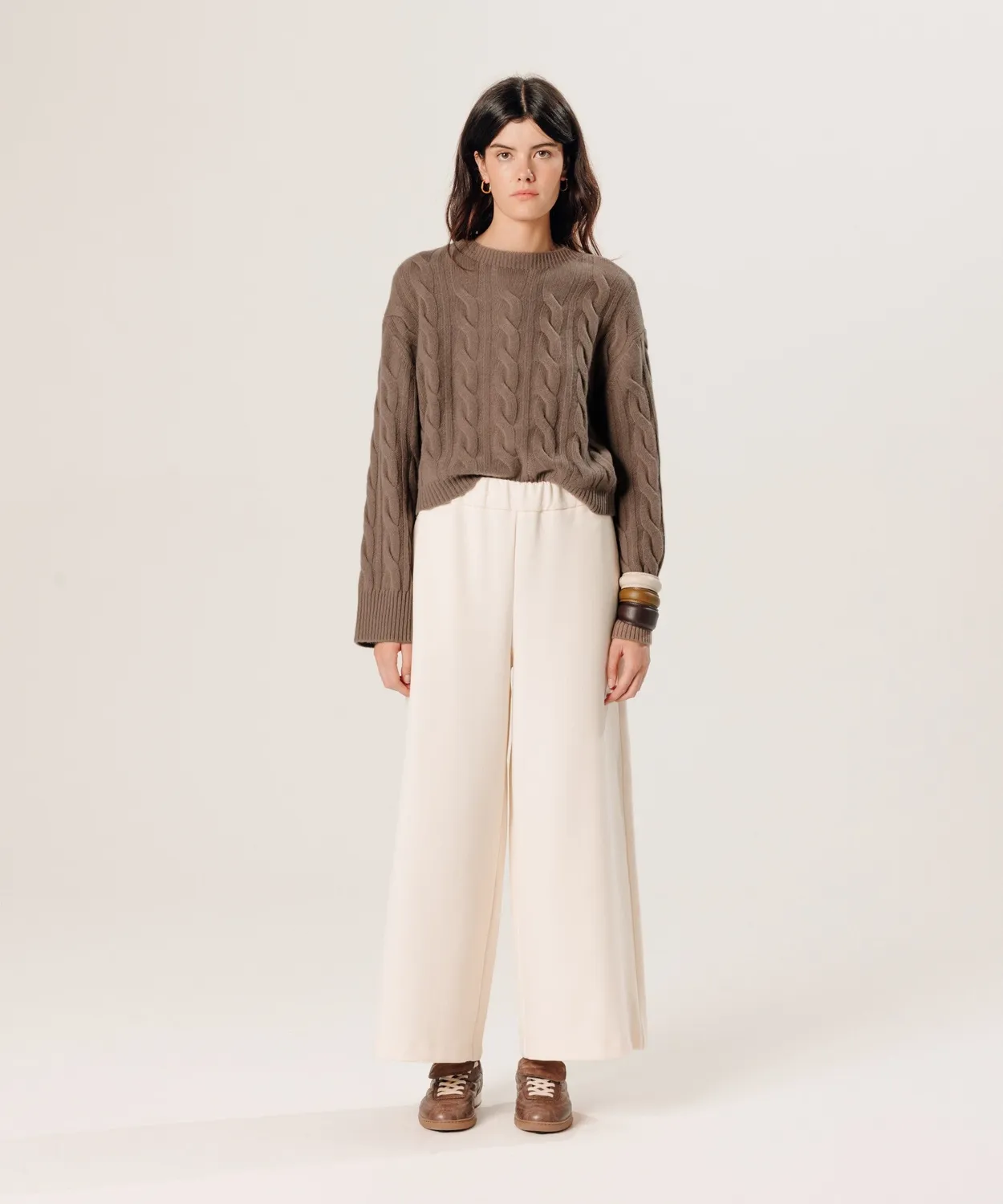 Rodier Maglione corto cashmere trecce marrone havana