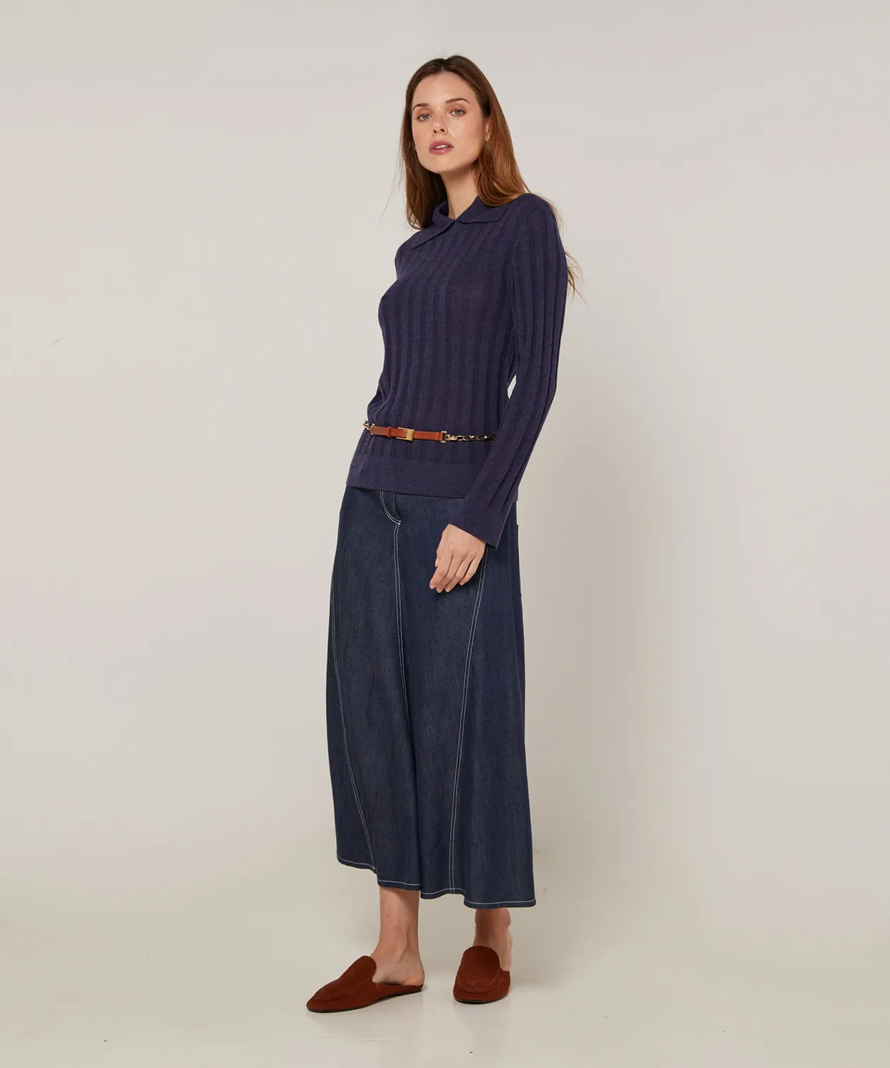 Rodier maglia coste polo blu denim aderente maniche lunghe