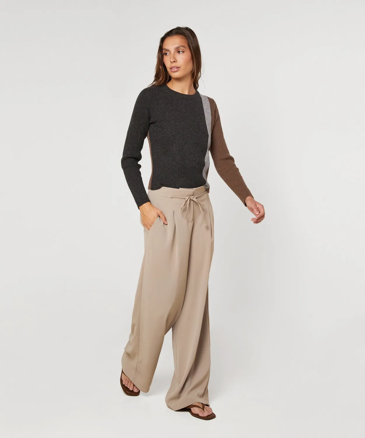 Rodier pantaloni larghi fluidi beige scuro gamba ampia