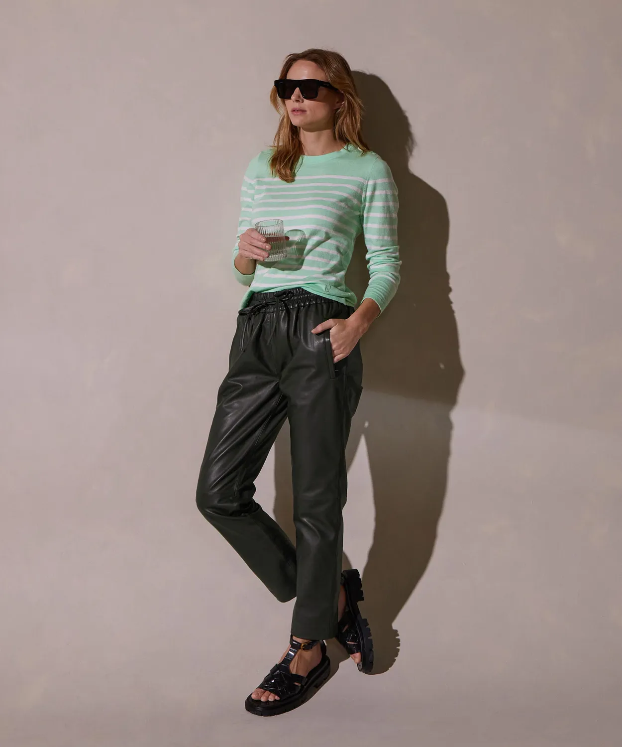 Rodier pantaloni jogging pelle verde kaki agnello