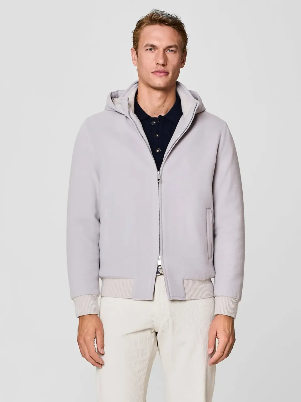 Paul Taylor Bomber Giubbino Stone Velour Lana Cappuccio
