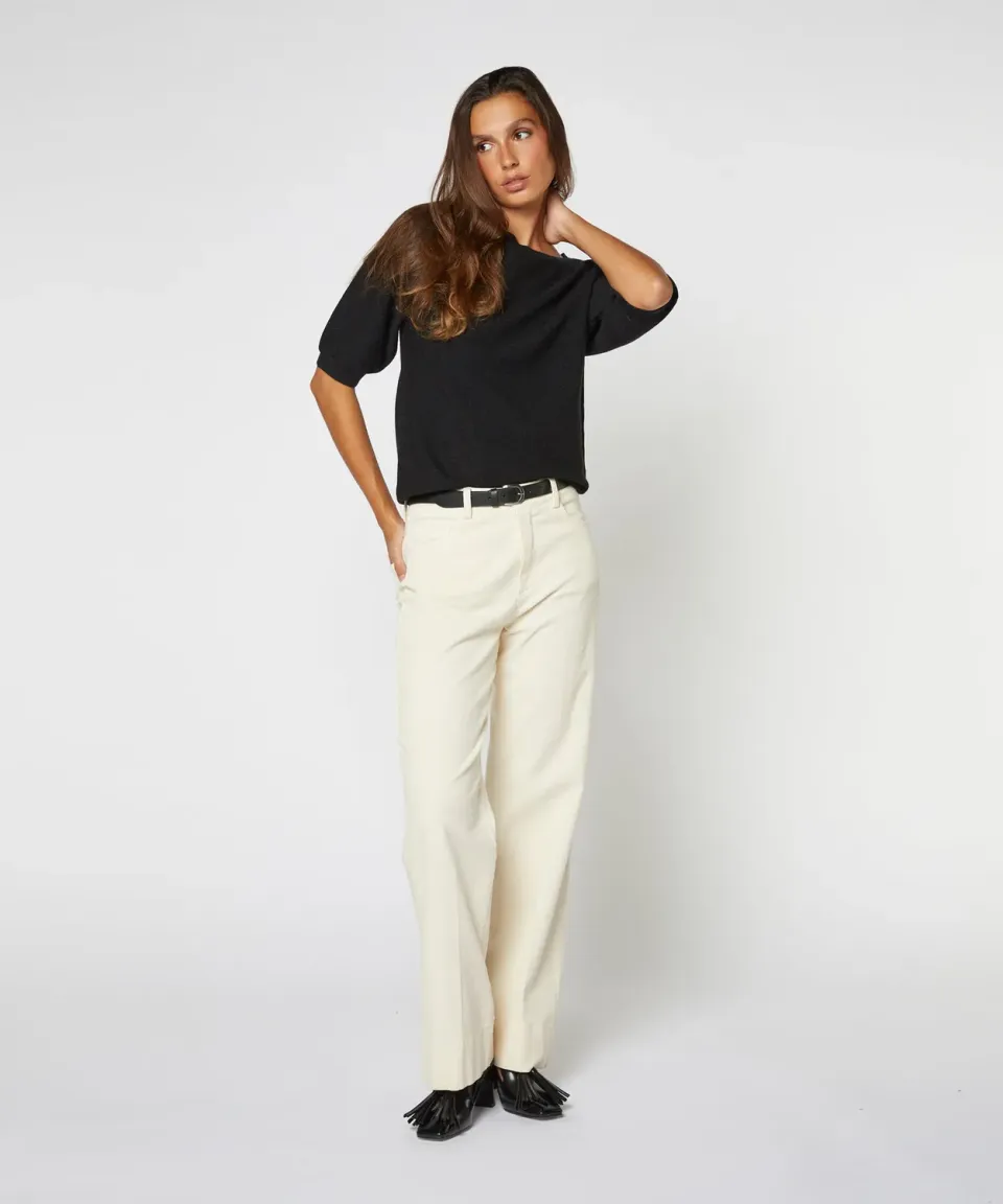 Rodier Pantaloni larghi velluto coste ecru vita alta