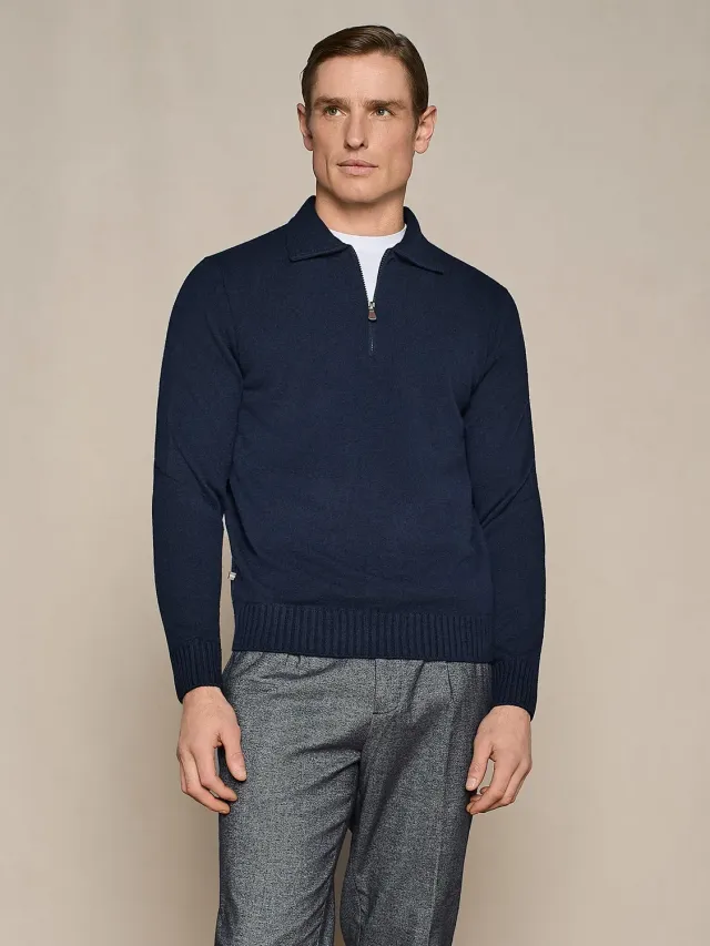 Paul Taylor Polo Mezza Zip Misto Cashmere Blu