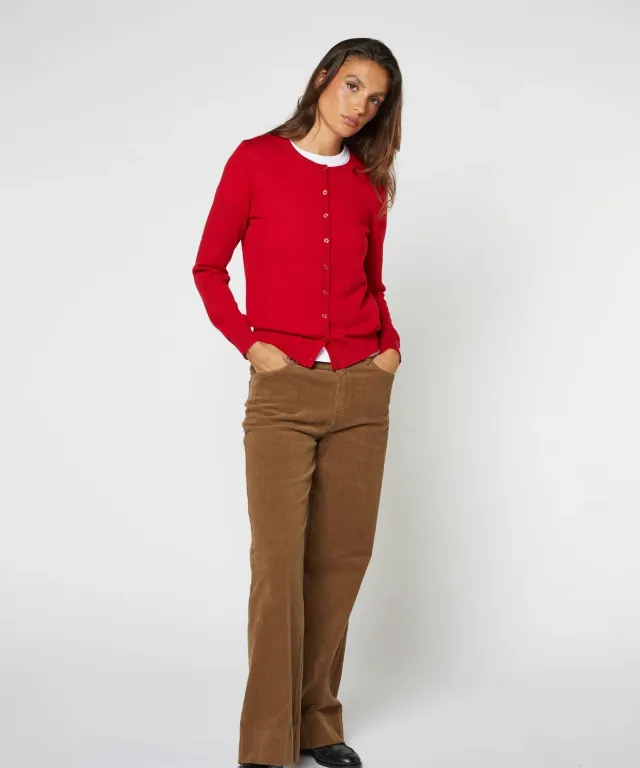 Rodier Cardigan lana merino rosso girocollo maglia fine