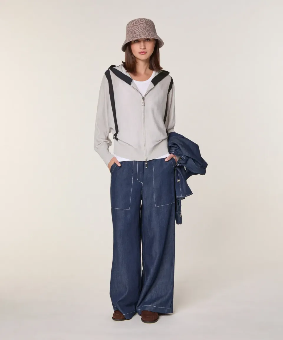 Rodier Gilet Cappuccio Lana Merino Zip Bianco